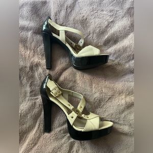 Michael Kors Vintage Platforms - open toe solid heel Cross Front Leather Strap